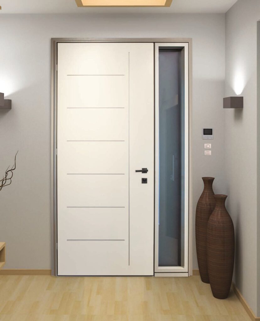 Porta blindata in alluminio bianca con fiancoluce