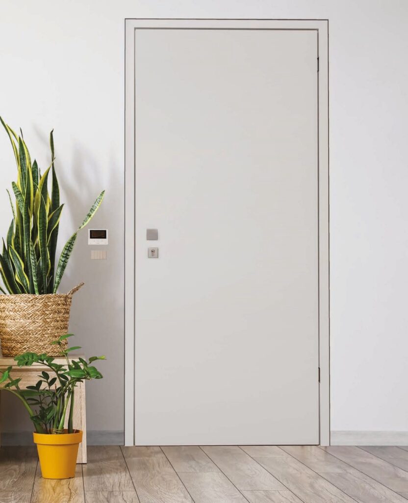 Porta blindata in alluminio bianca con pianta all'ingresso