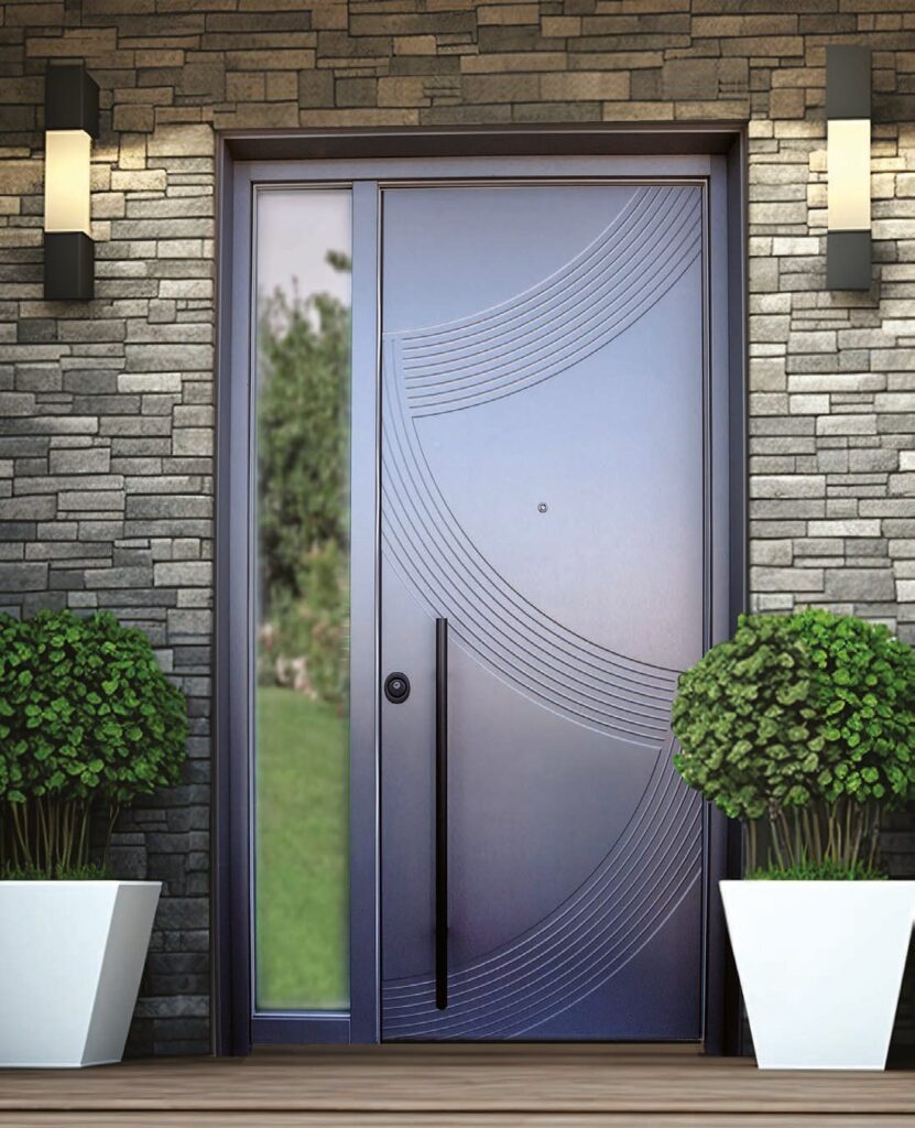 Porta blindata scura con disegno circolare