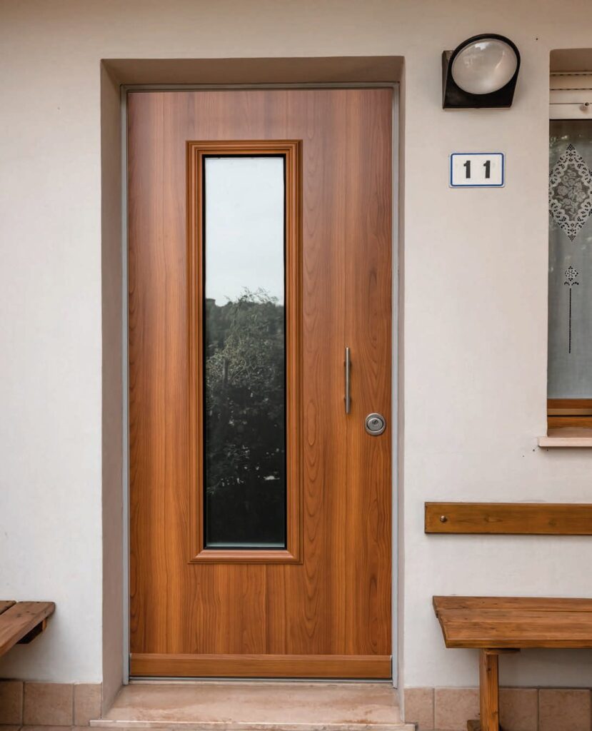 Porta blindata in legno con inserto in vetro