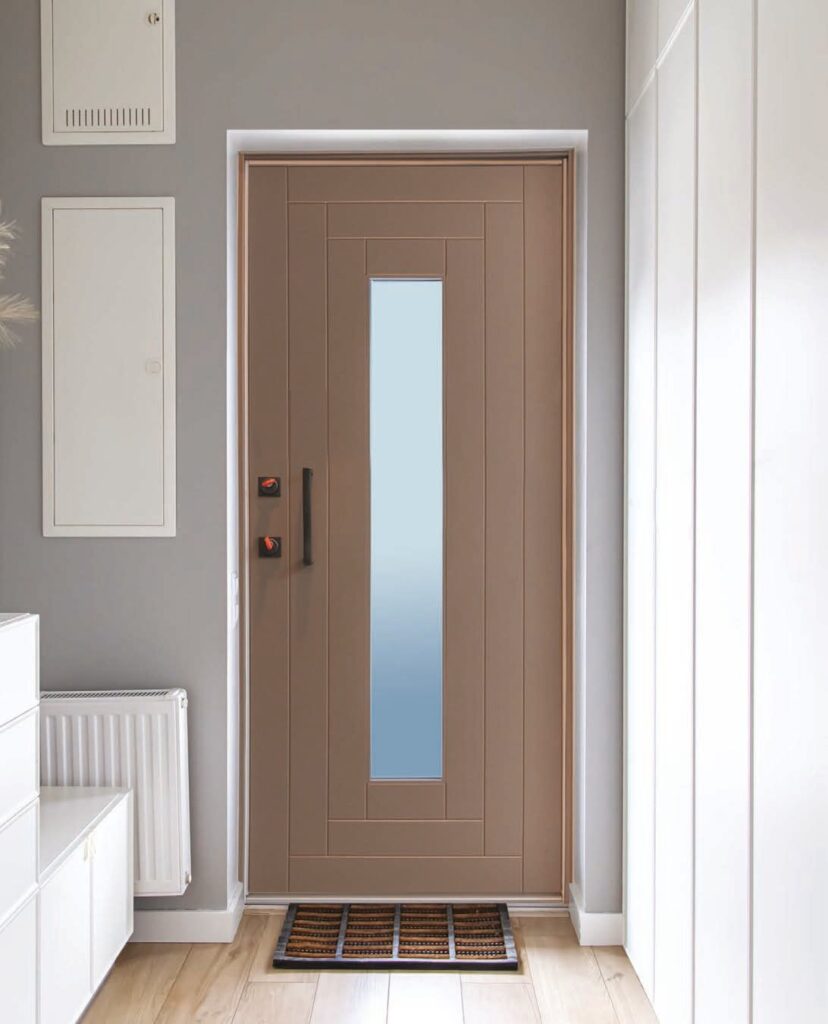 Porta blindata tortora con inserto in vetro