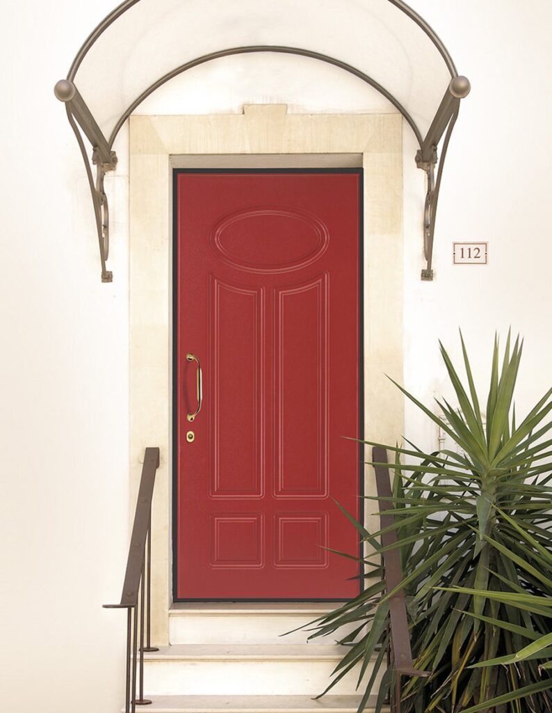 Portoncino d'ingresso in PVC rosso in stile classico con pensilina