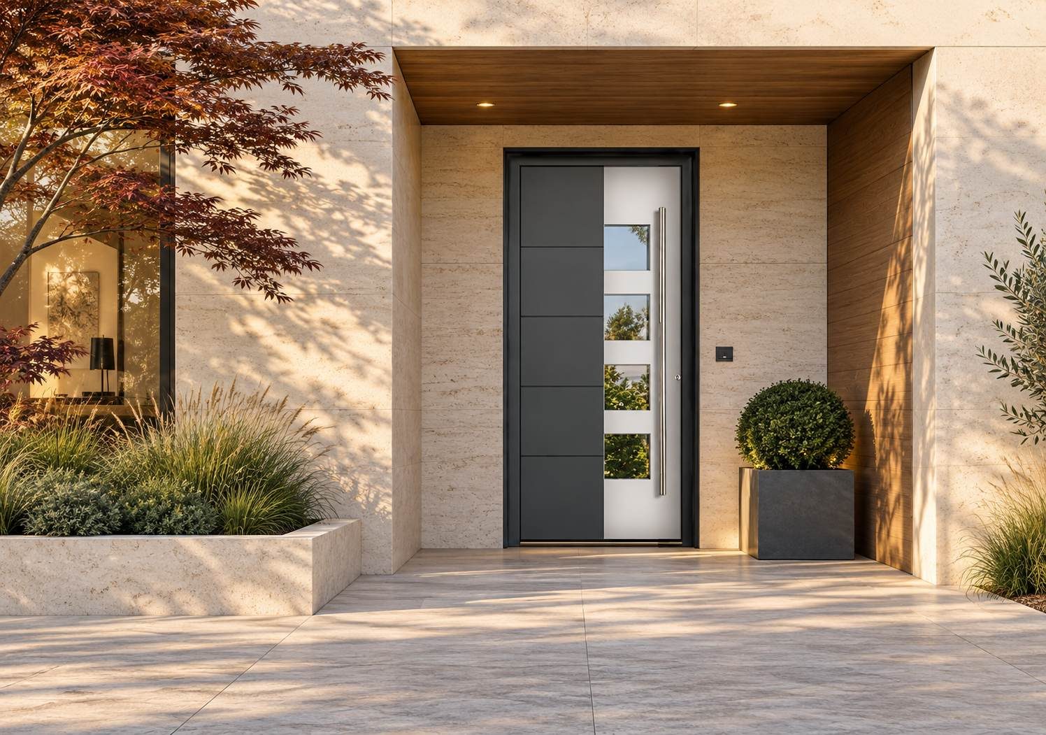 Porta d’ingresso in alluminio D77 con pannello complanare e inserti vetrati
